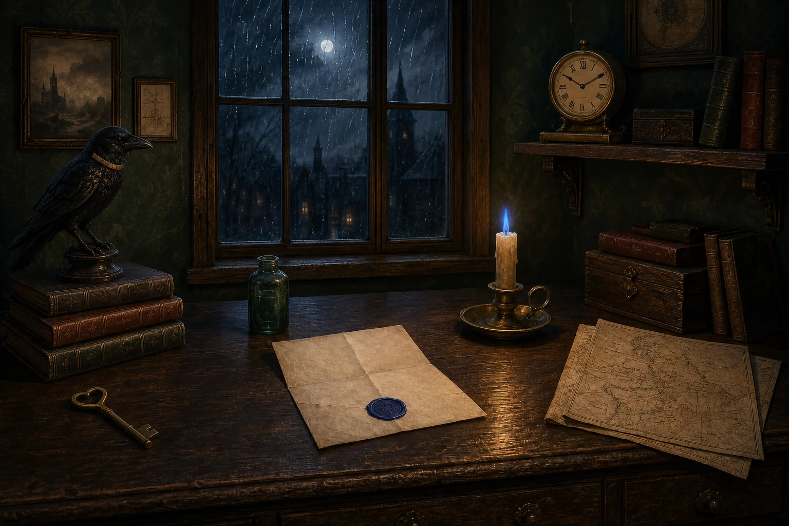 Mysterieuze studeerkamer, schaduwbeeld met zeven verschillen